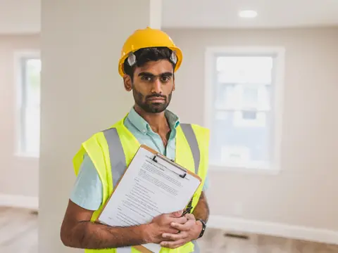 A builder in a hard hat and hi-vis vest holding a clipboard indoors