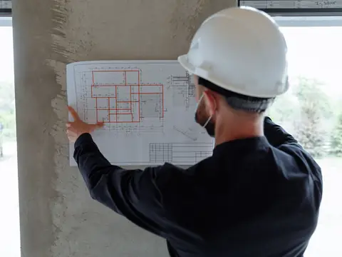 A builder in a hard hat reading a floor plan pinned to a column