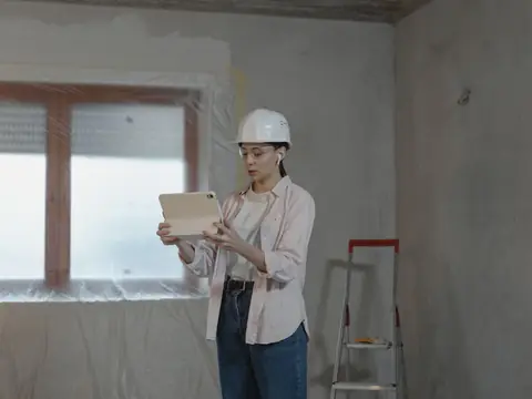 A builder in a hard hat checking a tablet in a room being renovated